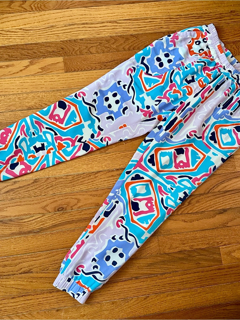 Annie Griffin Silk Jogger Pants Elastic Waist Pockets Graphic Print Colorful S